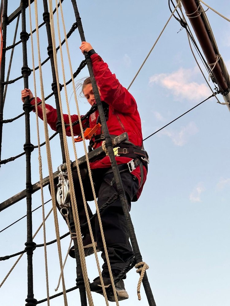 Isabella McDonell climbing the rigging aboard the Windeward Bound, 2025